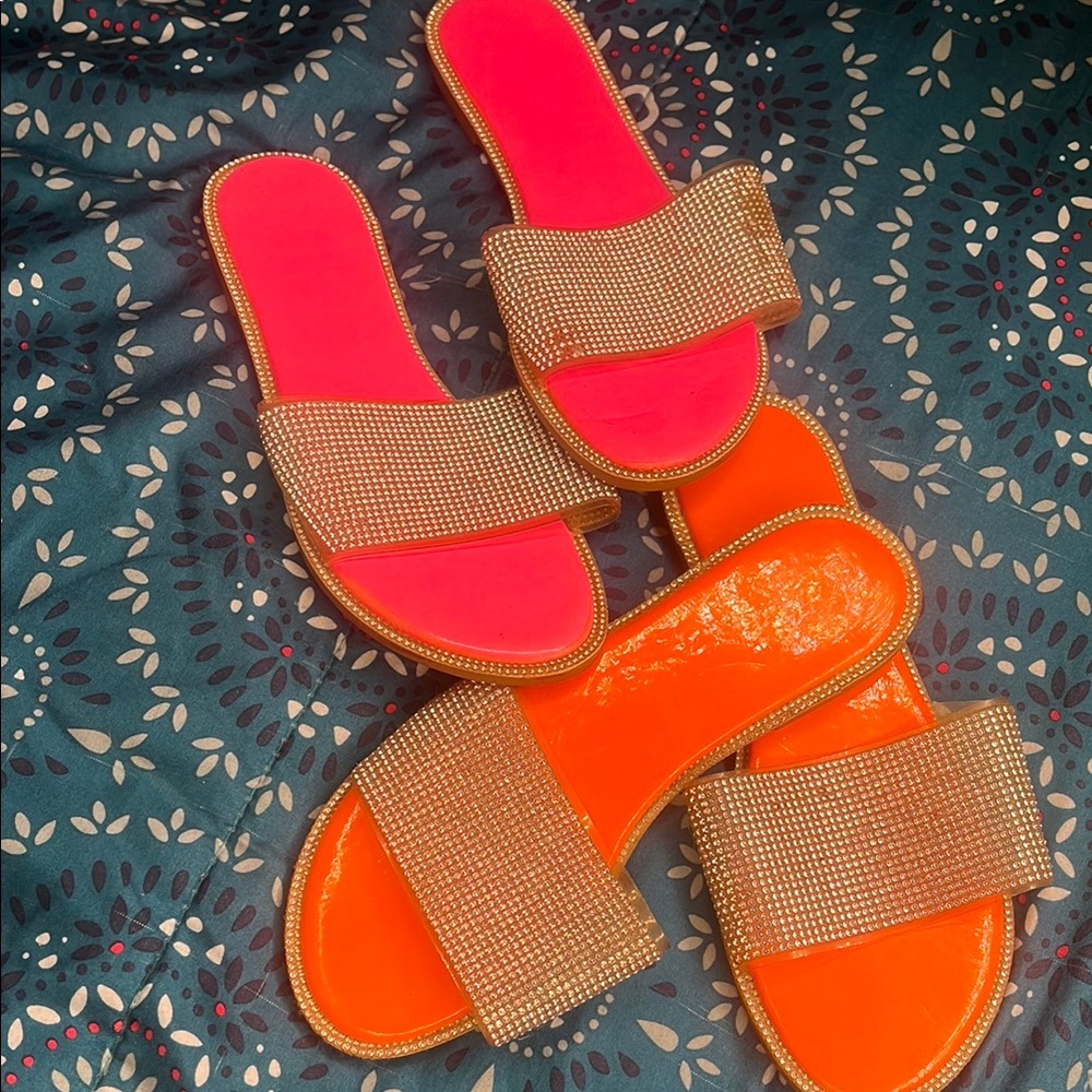 Elegant Rhinestone Slide Sandals - Pink and Orange